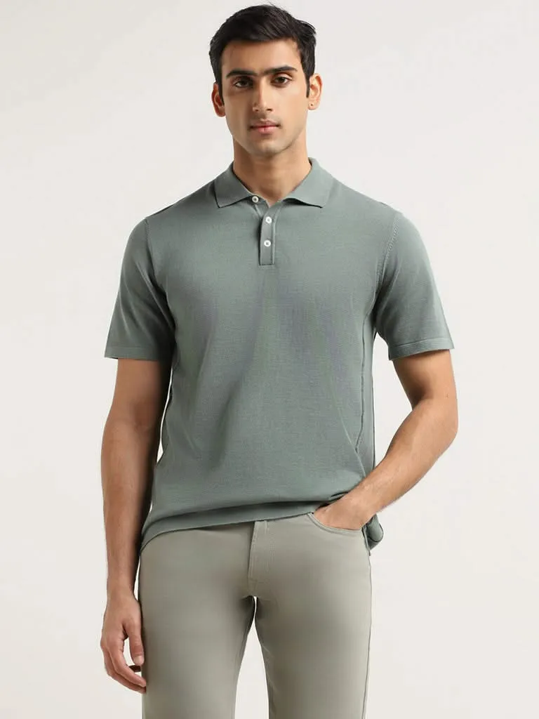 Ascot Green Self-Patterned Cotton Relaxed Fit T-Shirt