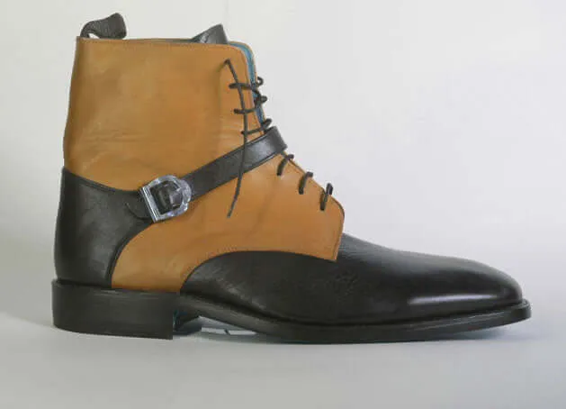 Bespoke Black Beige Leather Ankle Buckle Up Lace Up Boots