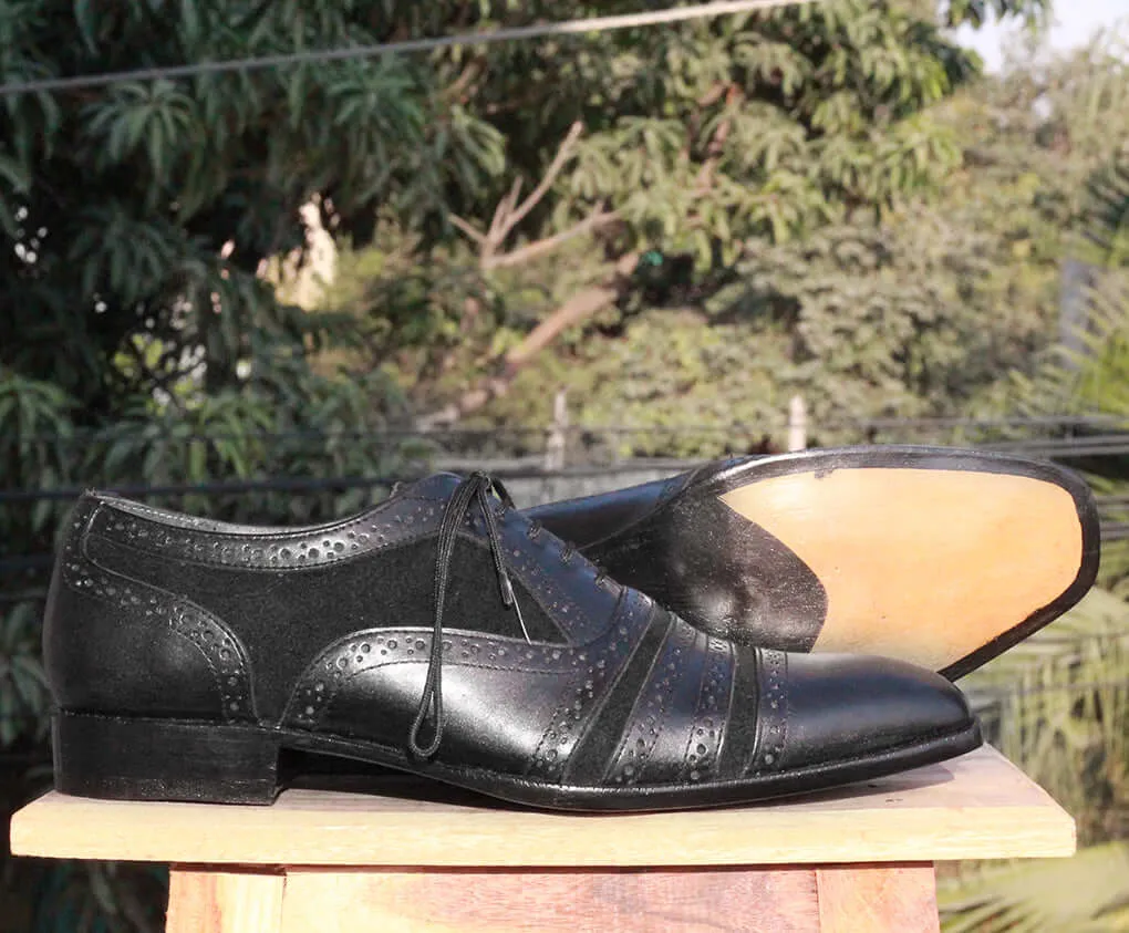 Bespoke Black Leather Suede Cap Toe Lace Up Shoes