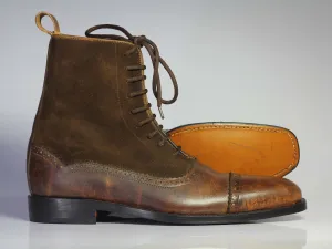 Bespoke Brown Leather Suede Cap Toe Ankle Lace Up Boots