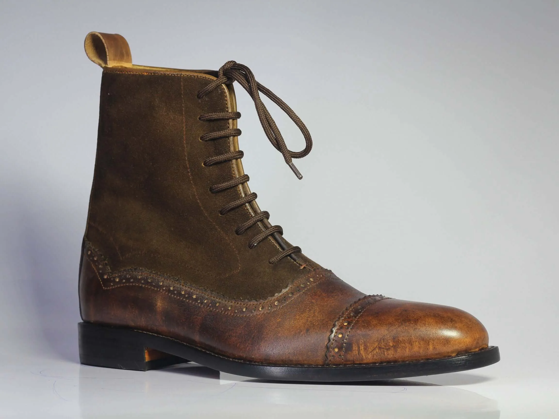 Bespoke Brown Leather Suede Cap Toe Ankle Lace Up Boots