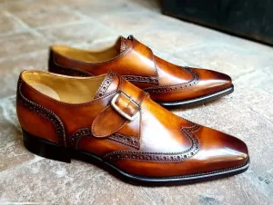 Bespoke Brown Leather Wing Tip Monk Strap Shoes for Men