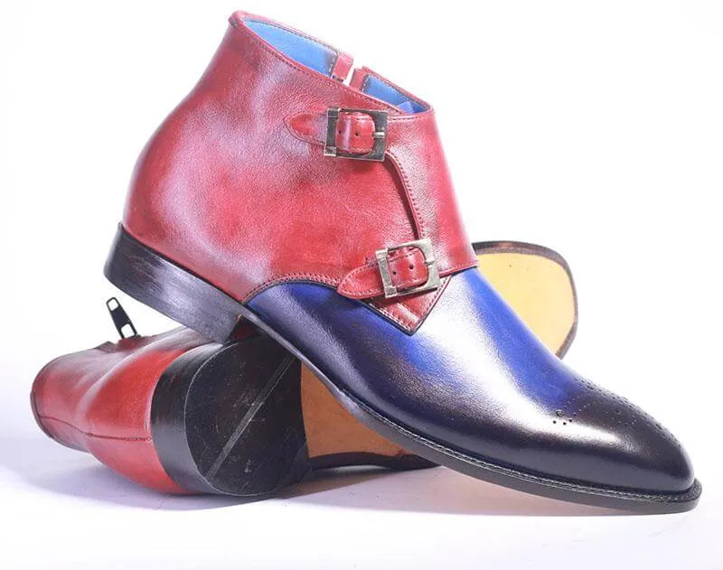 Bespoke Burgundy Blue Chukka Leather Monk Strap Boots