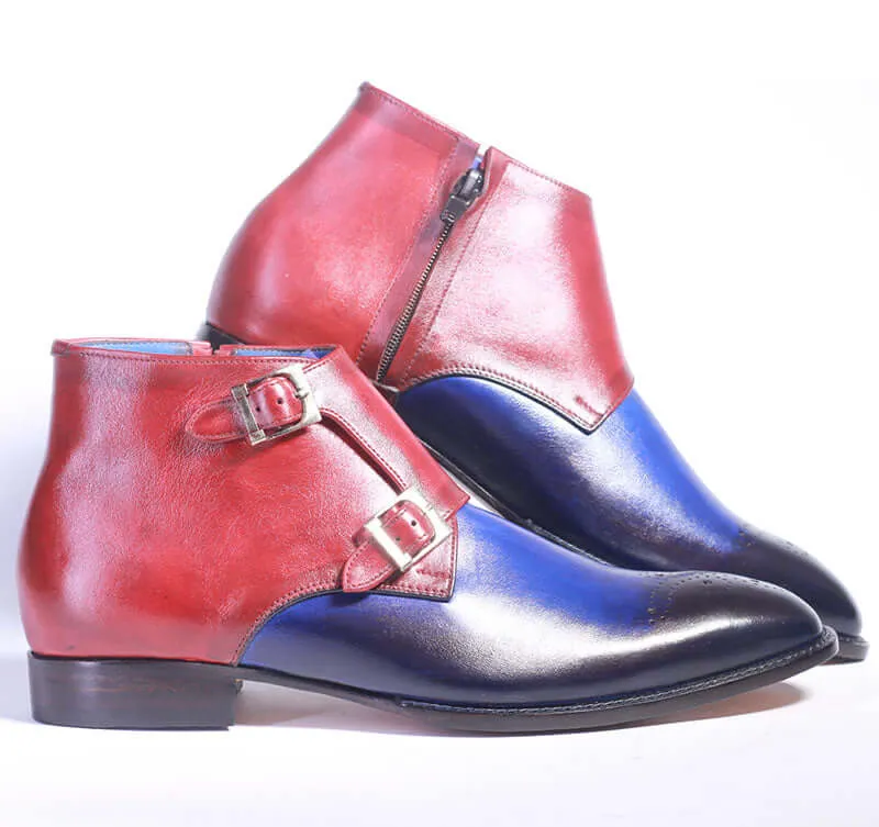 Bespoke Burgundy Blue Chukka Leather Monk Strap Boots