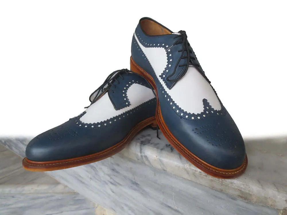 Bespoke Navy Blue & White Leather Wing Tip Shoe for Men's