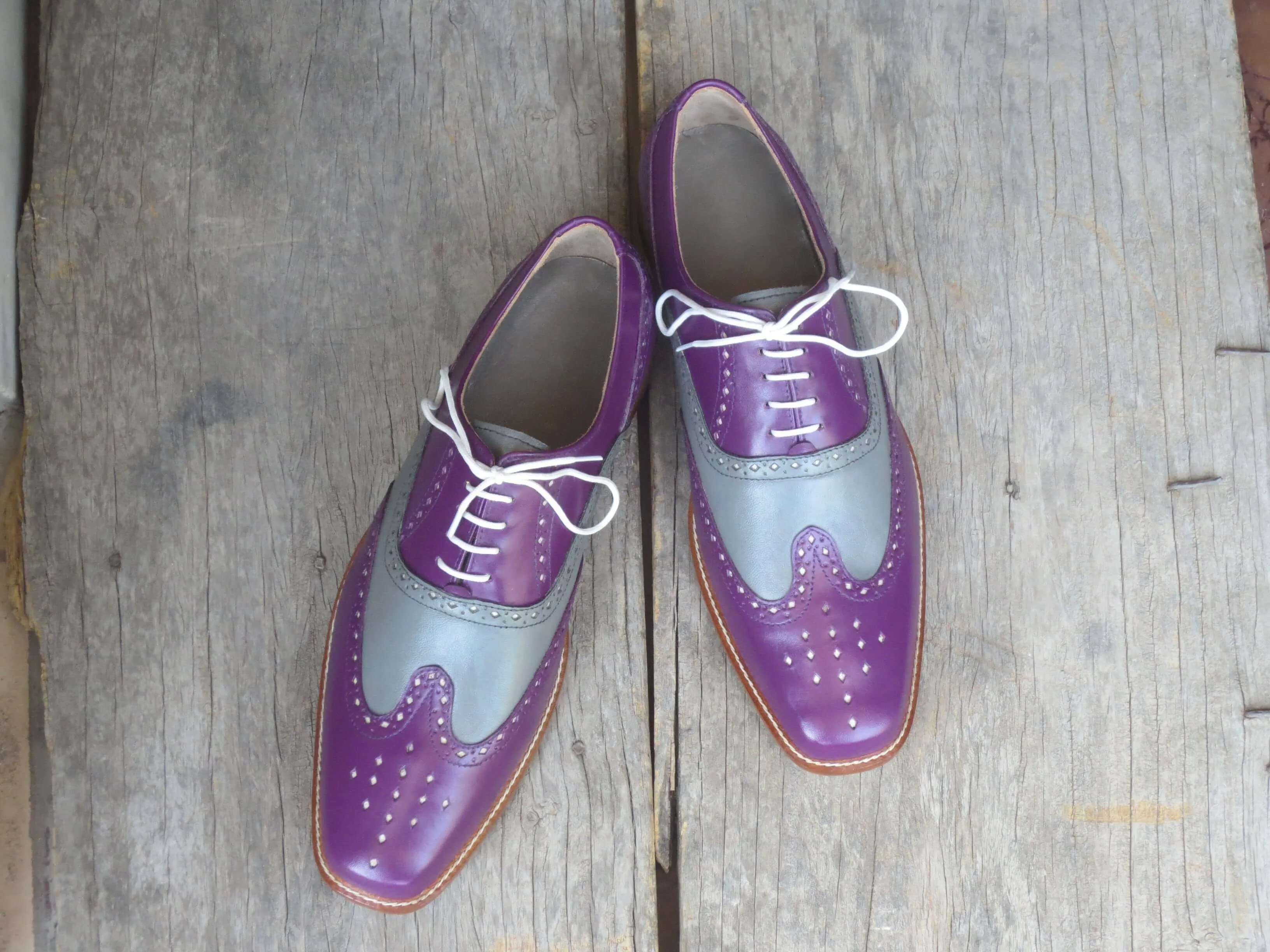 Bespoke Purple Gray Leather Wing Tip Shoes for Men's