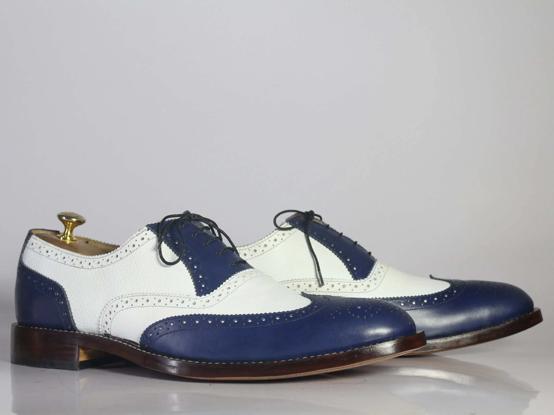 Bespoke White & Blue Leather Lace Up Wing Tip Shoes