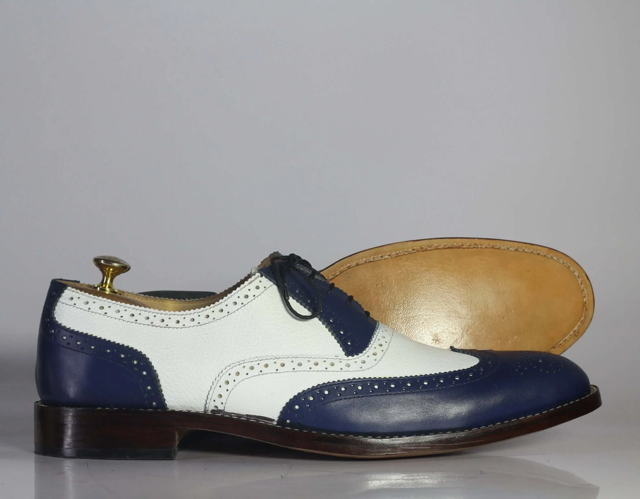 Bespoke White & Blue Leather Lace Up Wing Tip Shoes