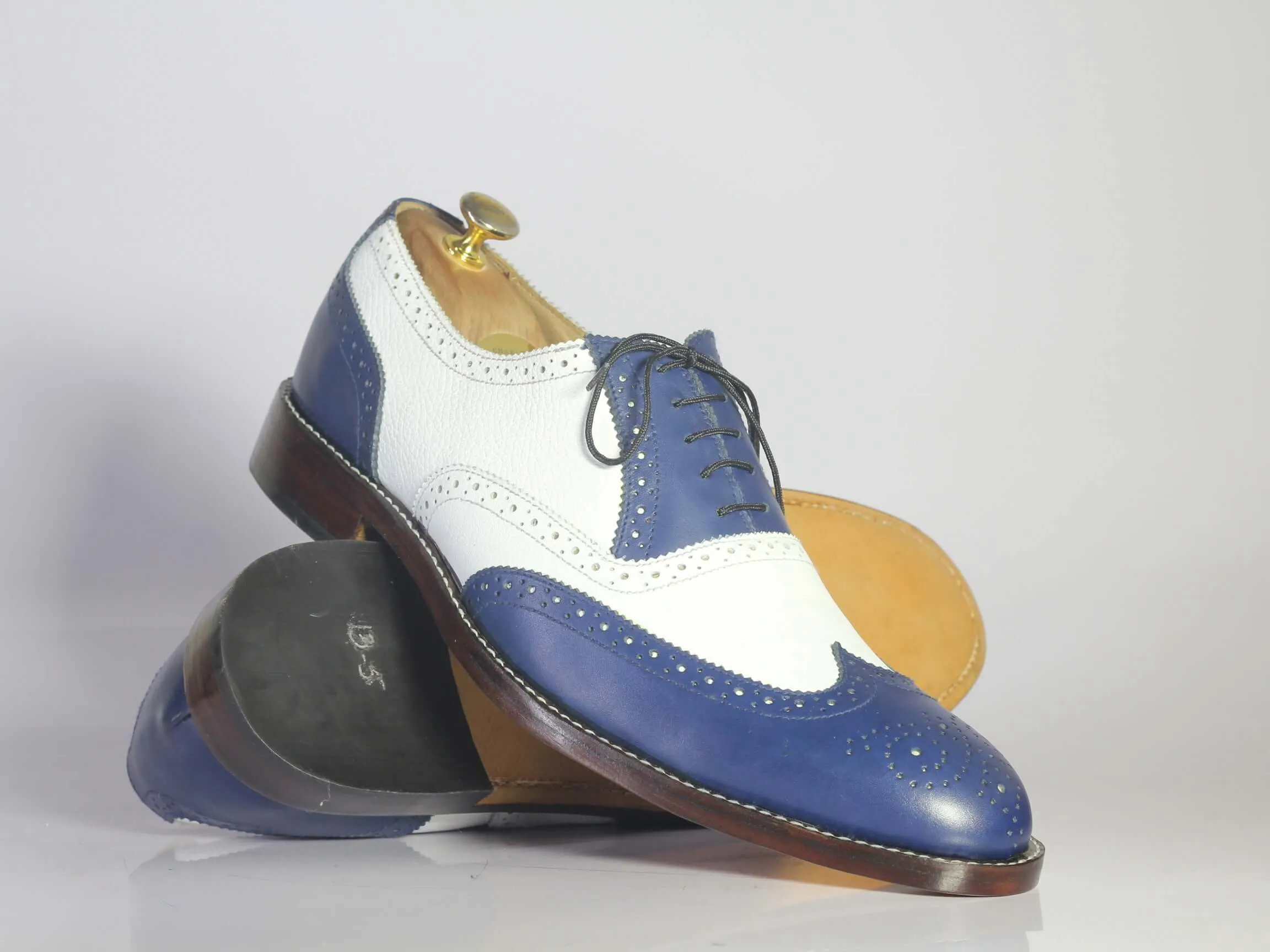 Bespoke White & Blue Leather Lace Up Wing Tip Shoes