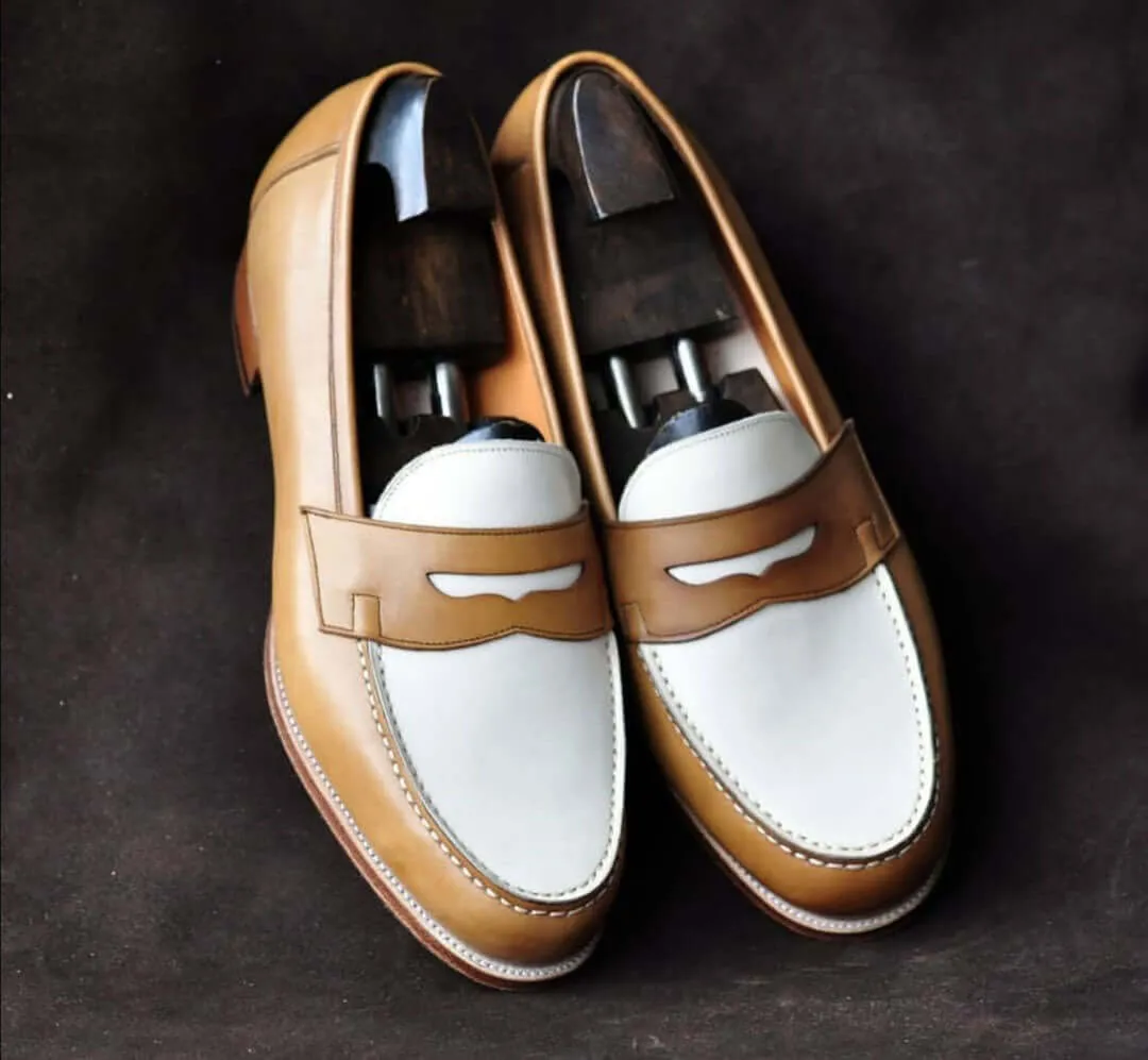 Bespoke White & Brown Leather Round Toe Shoes for Men's