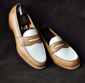 Bespoke White & Brown Leather Round Toe Shoes for Men's