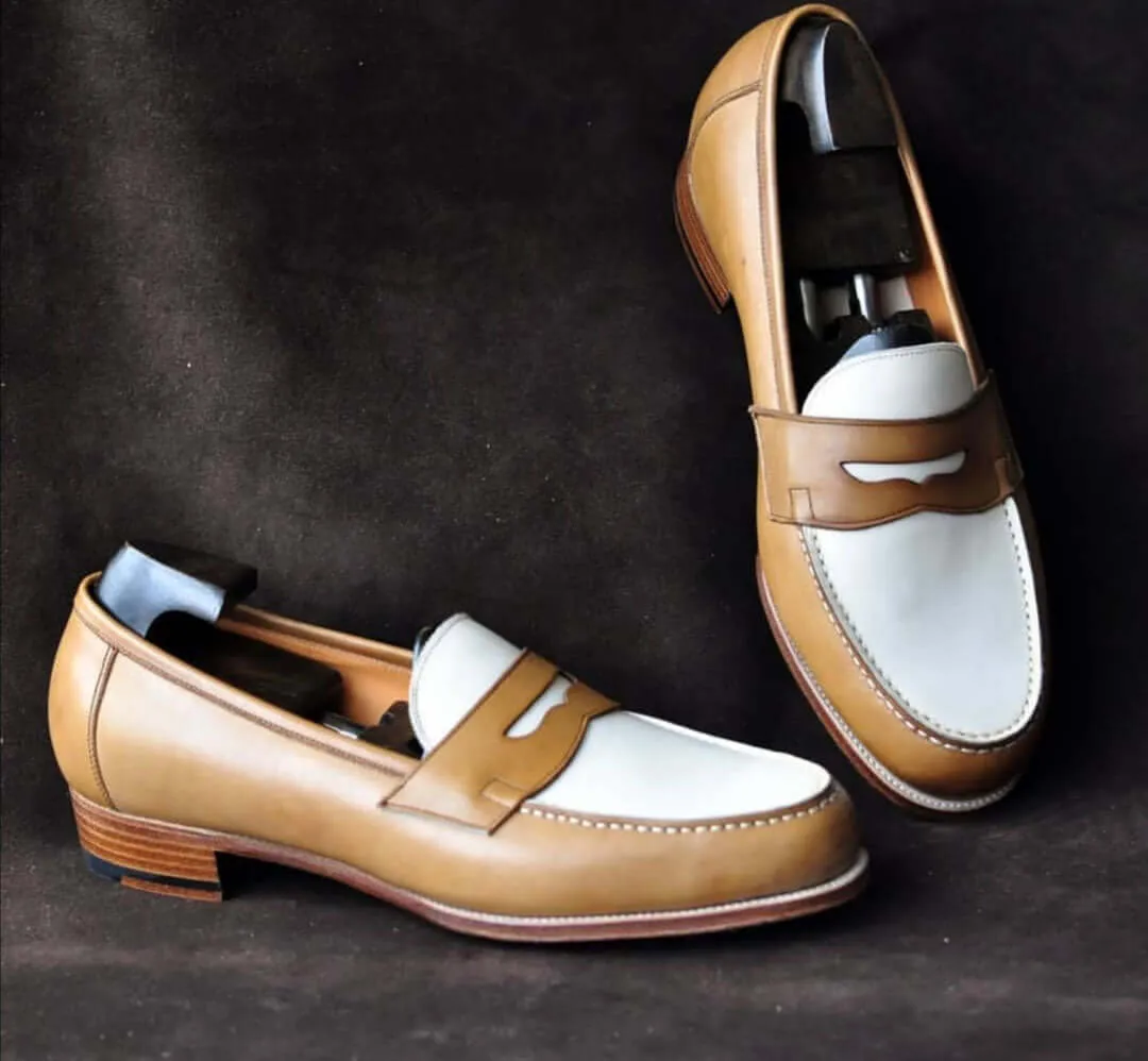 Bespoke White & Brown Leather Round Toe Shoes for Men's