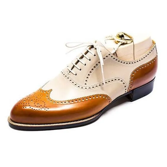 Bespoke White & Tan Leather Wing Tip Lace Up Shoes