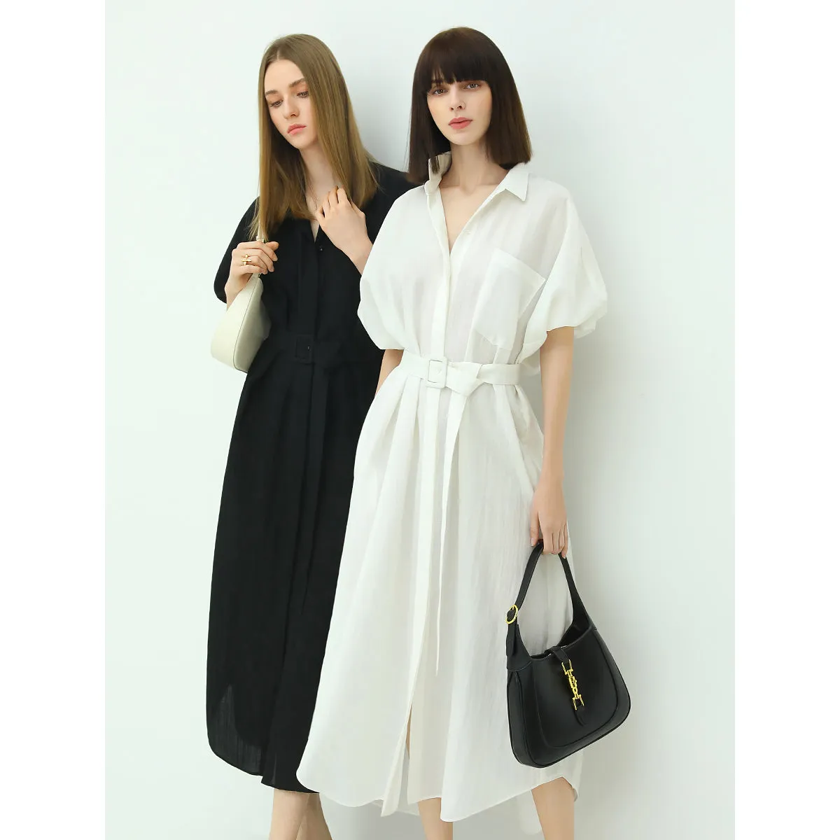 Corporate Puff Sleeved Belted Shirt Dress