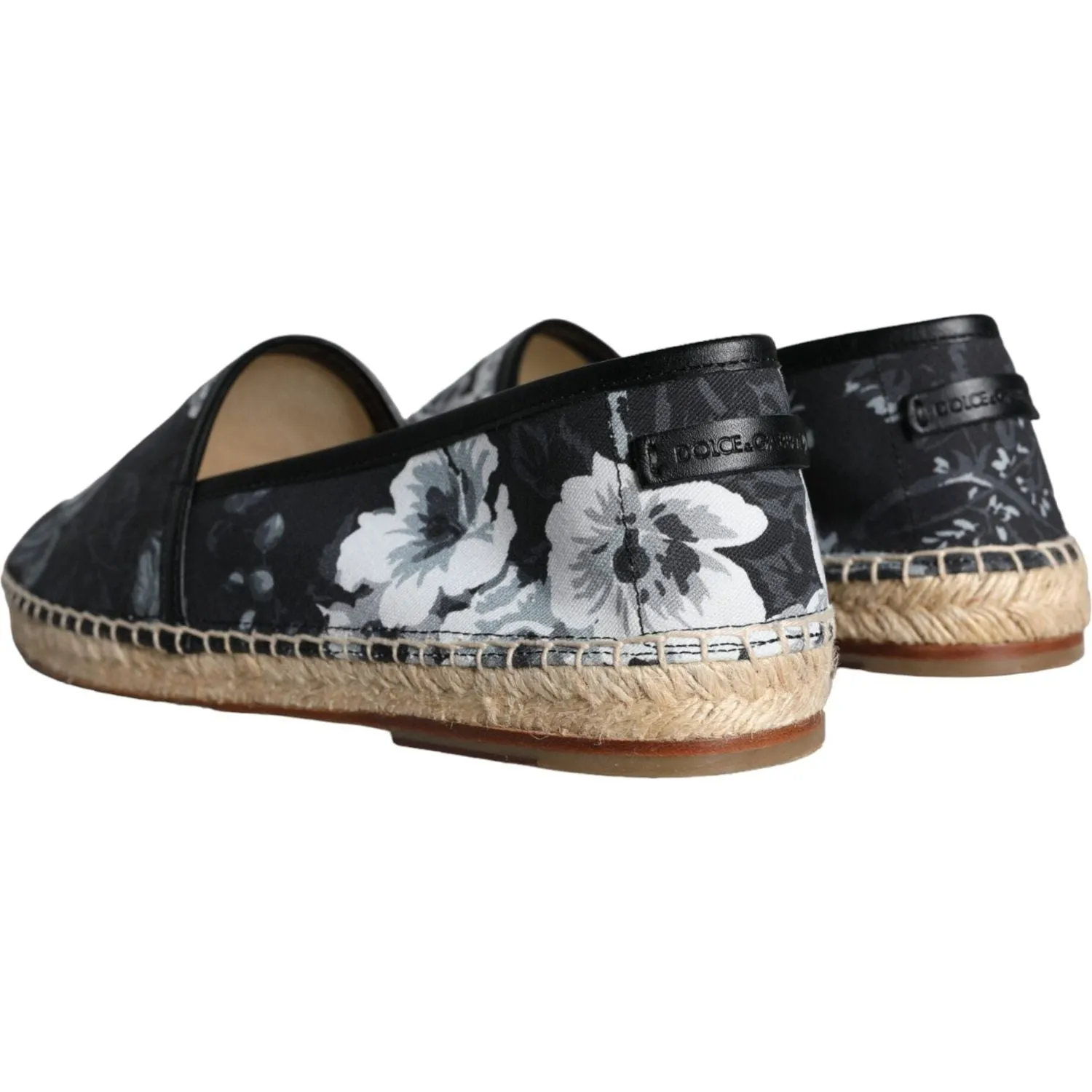 Dolce & Gabbana Black Floral Cotton Leather Espadrilles Shoes