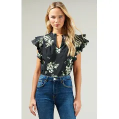 Emery Floral Print Frilled Collared Short Ruffle Sleeve Top