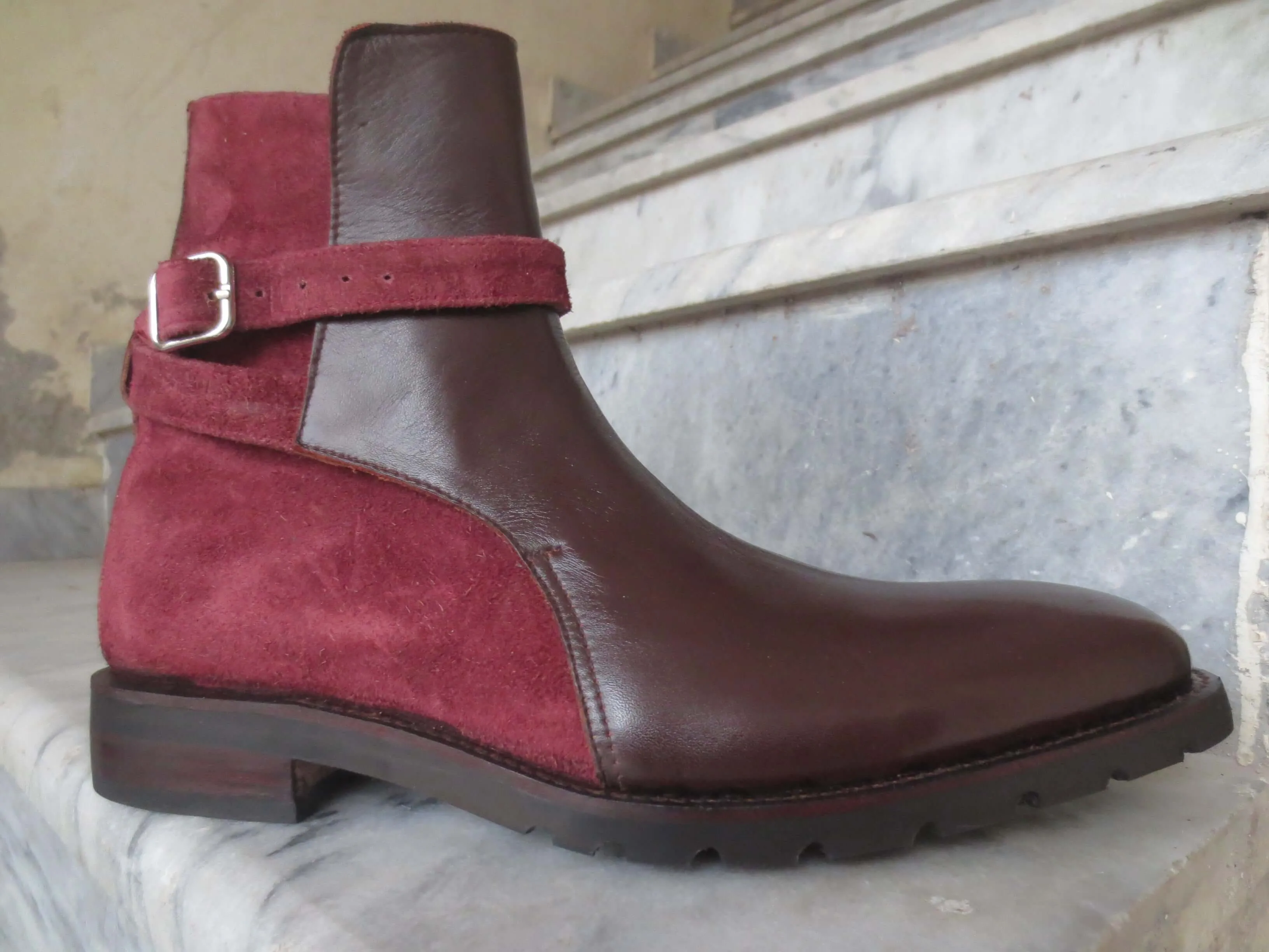 Handmade Brown Burgundy Jodhpurs Leather Suede Boot For Men's