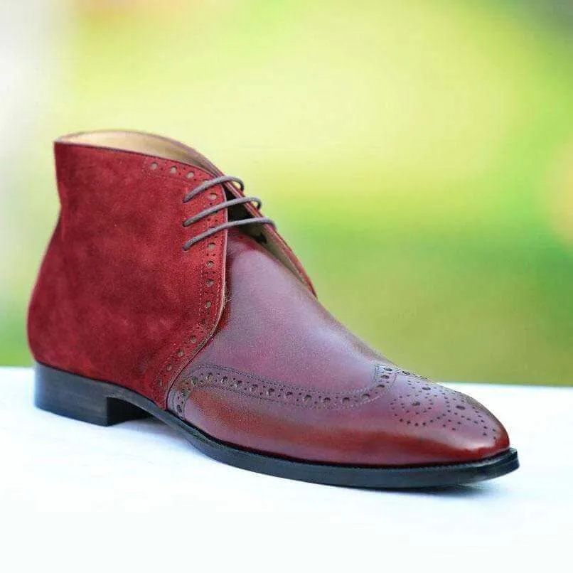 Handmade Burgundy Leather Suede Wing Tip Chukka Boot