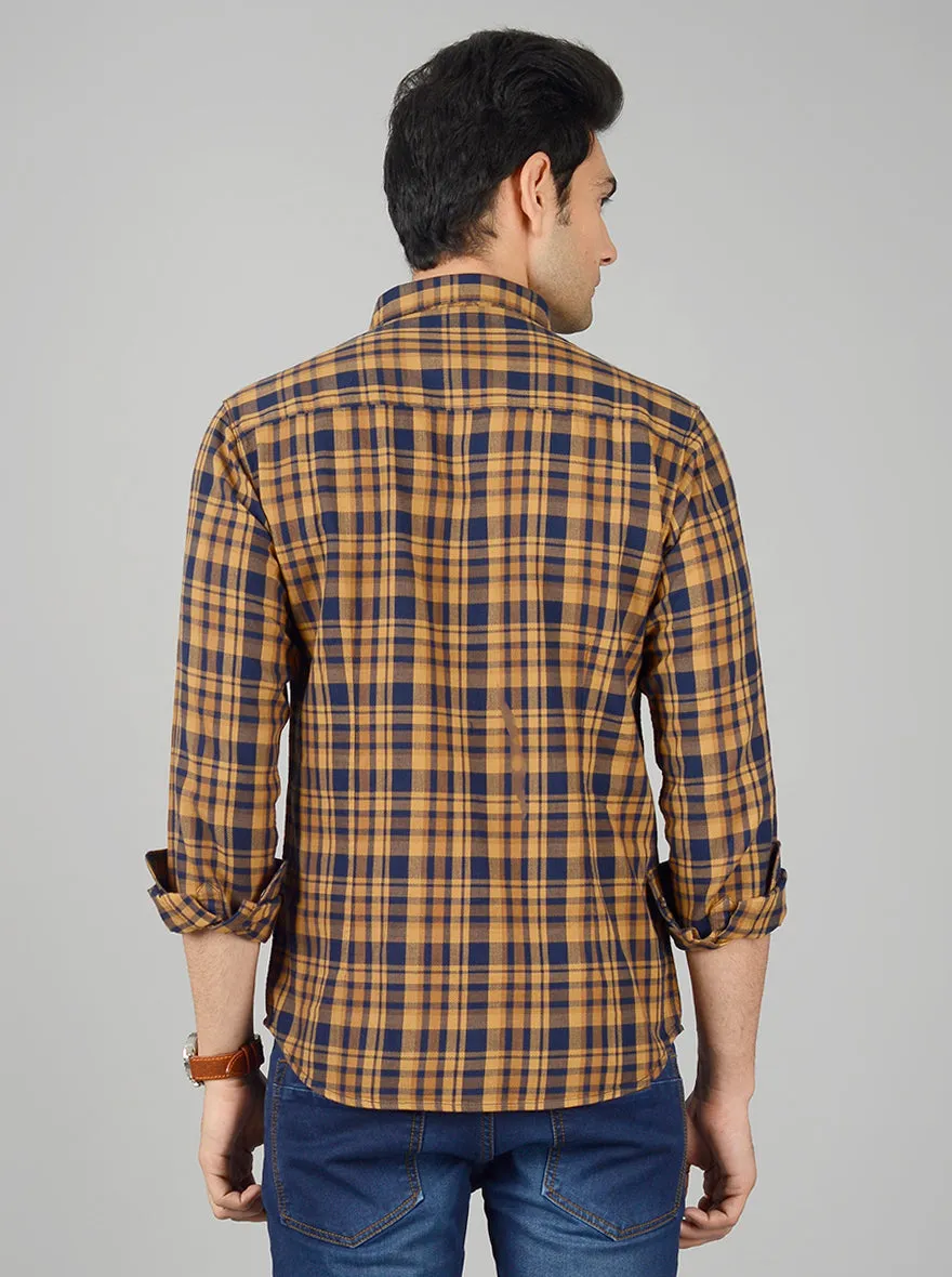 Honey Yellow & Blue Checked Slim Fit Casual Shirt | Greenfibre