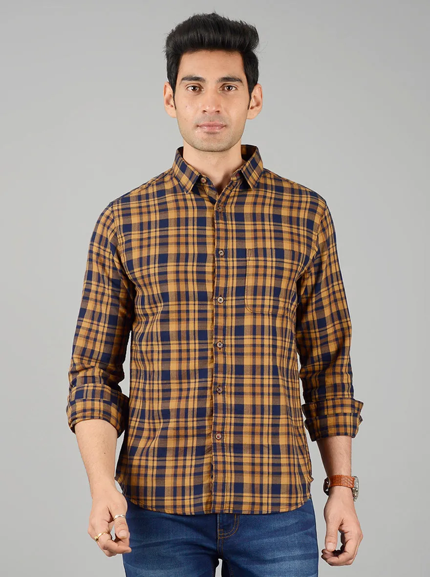 Honey Yellow & Blue Checked Slim Fit Casual Shirt | Greenfibre