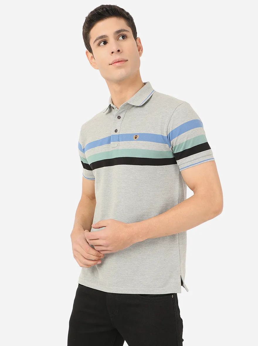 Light Grey Striped Slim Fit Polo T-Shirt | JadeBlue