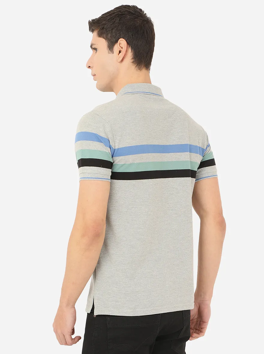 Light Grey Striped Slim Fit Polo T-Shirt | JadeBlue