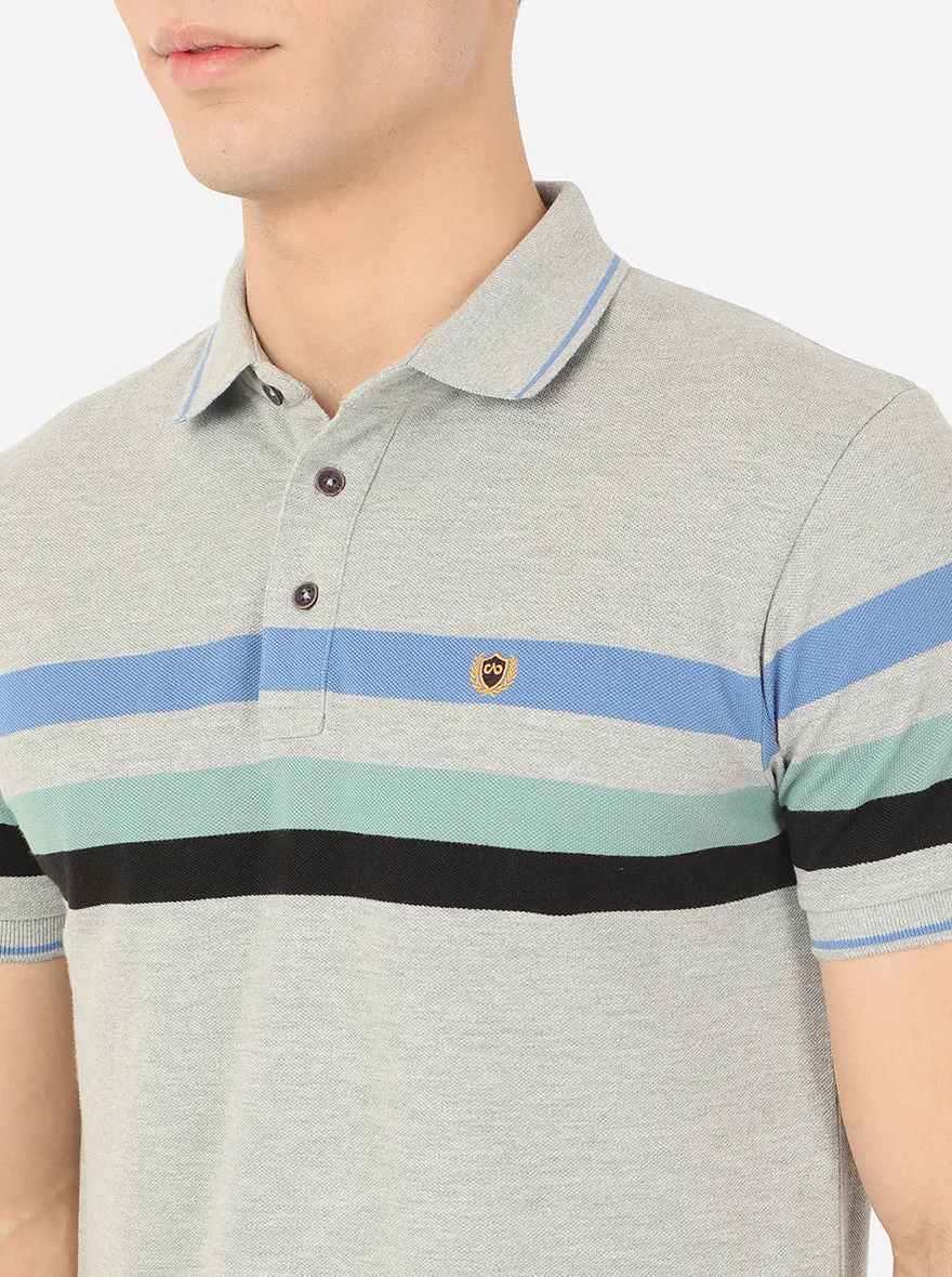 Light Grey Striped Slim Fit Polo T-Shirt | JadeBlue