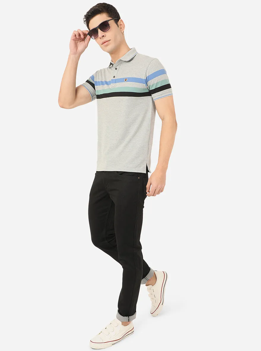 Light Grey Striped Slim Fit Polo T-Shirt | JadeBlue