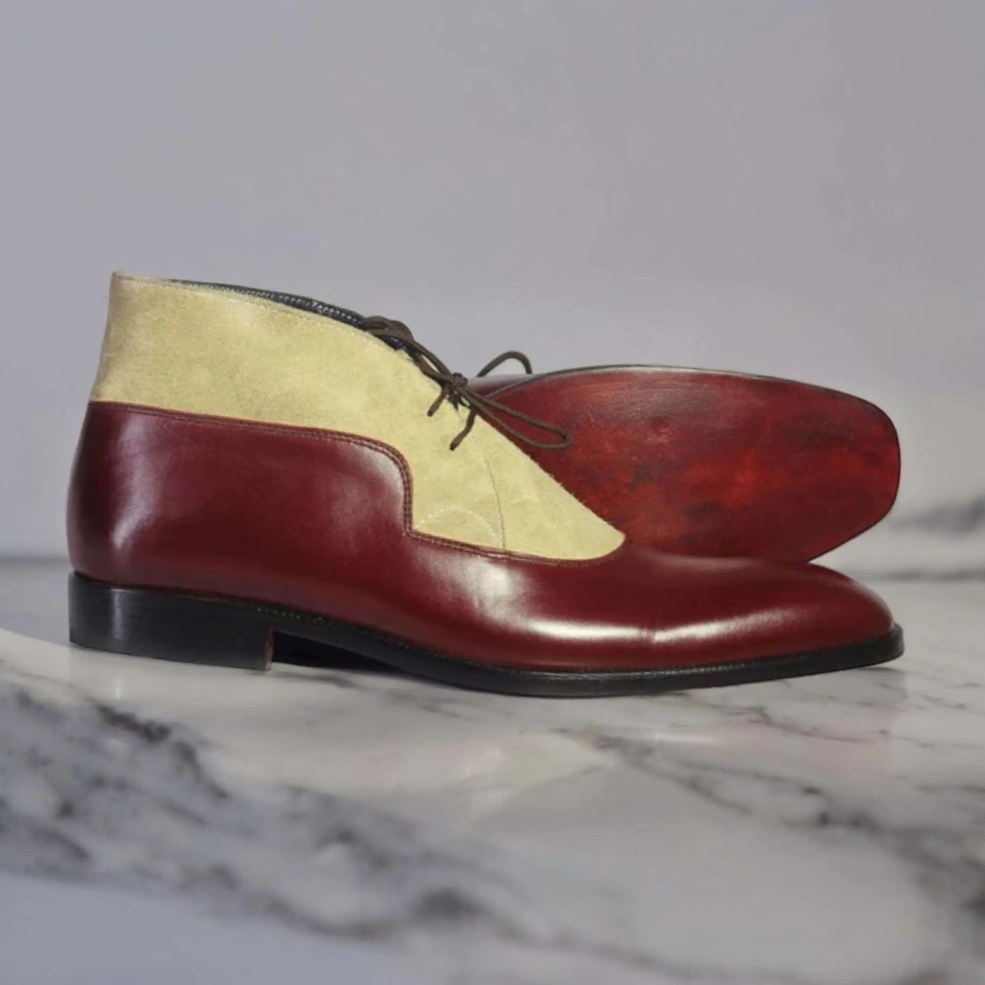 Men's Burgundy & Beige Lace Up Leather Suede Shoe