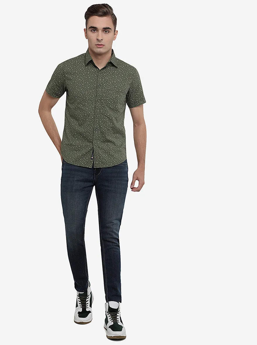 Olive Green Printed Slim Fit Semi Casual Shirt | Greenfibre