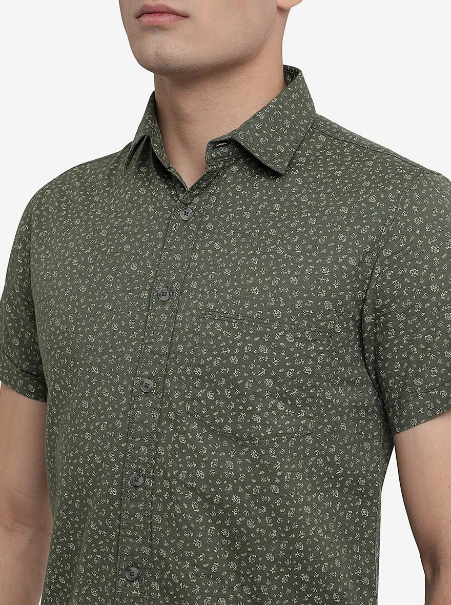 Olive Green Printed Slim Fit Semi Casual Shirt | Greenfibre