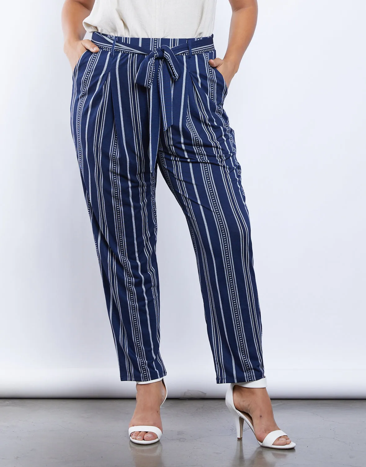 Plus Size Striped Paper Bag Pants