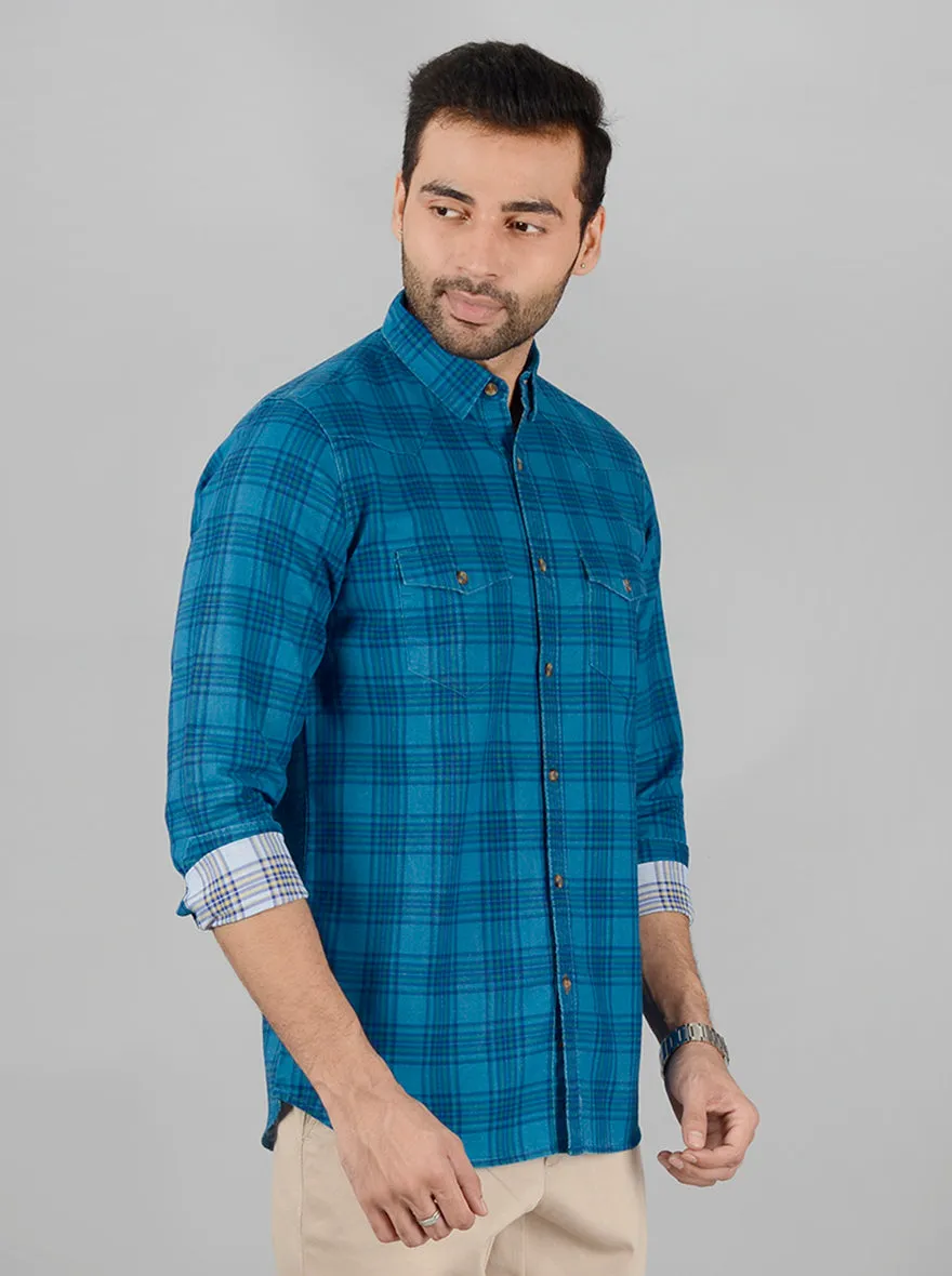 Sapphire Blue Checked Slim Fit Casual Shirt | JadeBlue