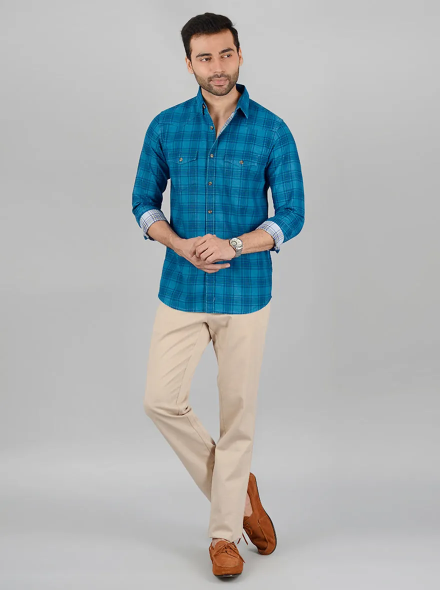 Sapphire Blue Checked Slim Fit Casual Shirt | JadeBlue