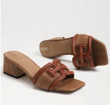 The Raffia & Leather Signature Block Heel Slide in Cognac