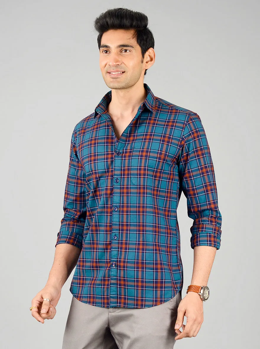 Turkish & Brown Checked Slim Fit Casual Shirt | JadeBlue