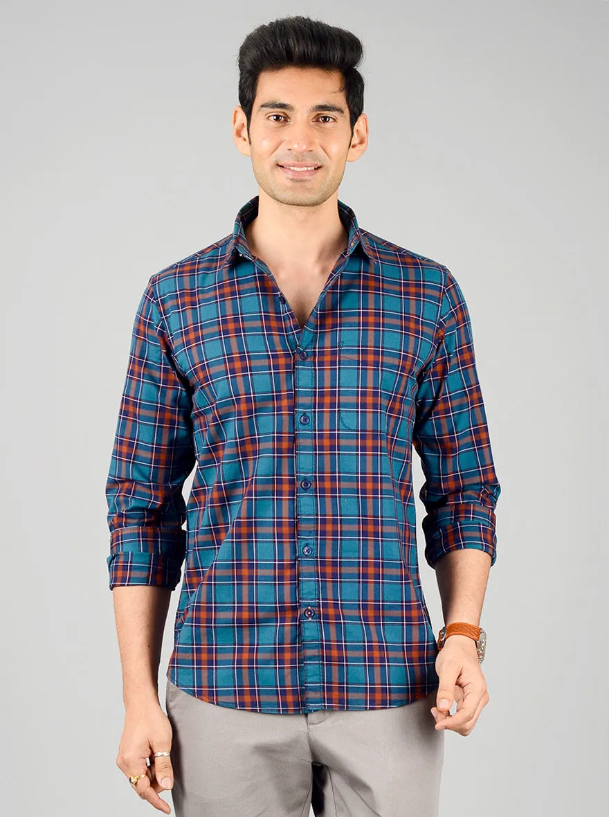 Turkish & Brown Checked Slim Fit Casual Shirt | JadeBlue