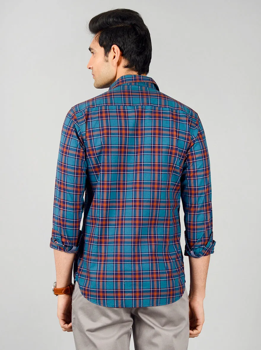 Turkish & Brown Checked Slim Fit Casual Shirt | JadeBlue