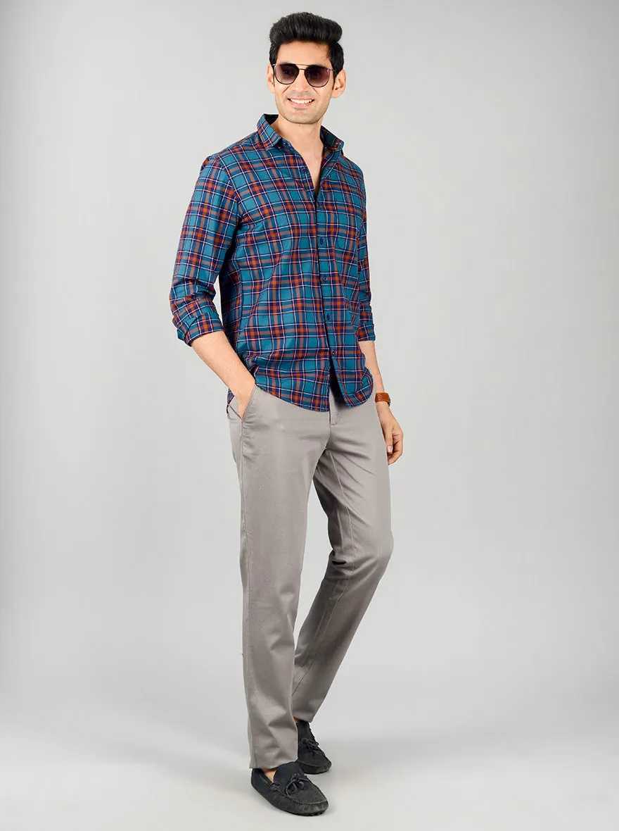 Turkish & Brown Checked Slim Fit Casual Shirt | JadeBlue