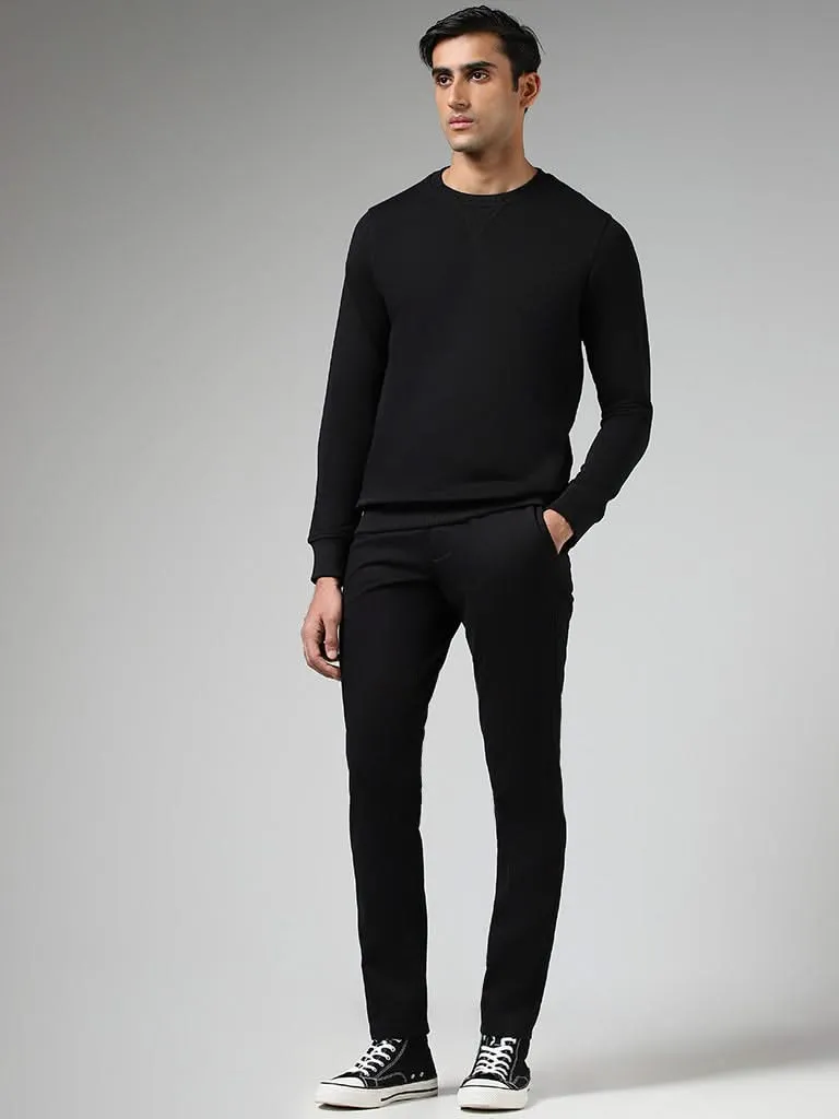 WES Casuals Solid Black Relaxed-Fit Mid-Rise Chinos