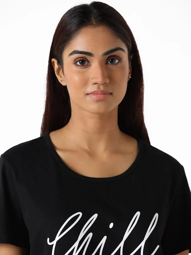 Wunderlove Black Printed Relaxed Fit T-Shirt