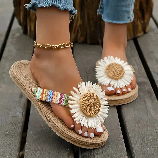 Zoe - Flower-Embellished Braided Strap Sandals