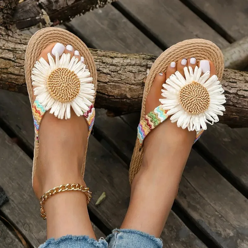 Zoe - Flower-Embellished Braided Strap Sandals