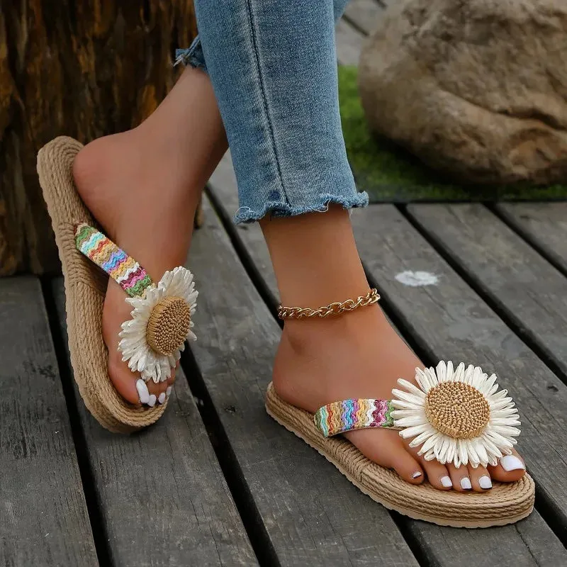 Zoe - Flower-Embellished Braided Strap Sandals